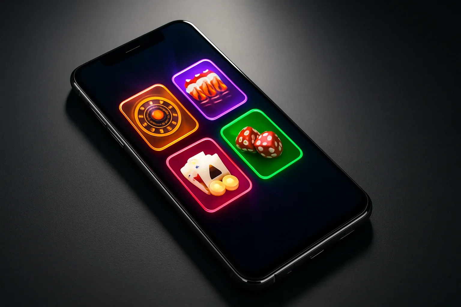 Sleek Android smartphone displaying colorful glowing casino-style app interface