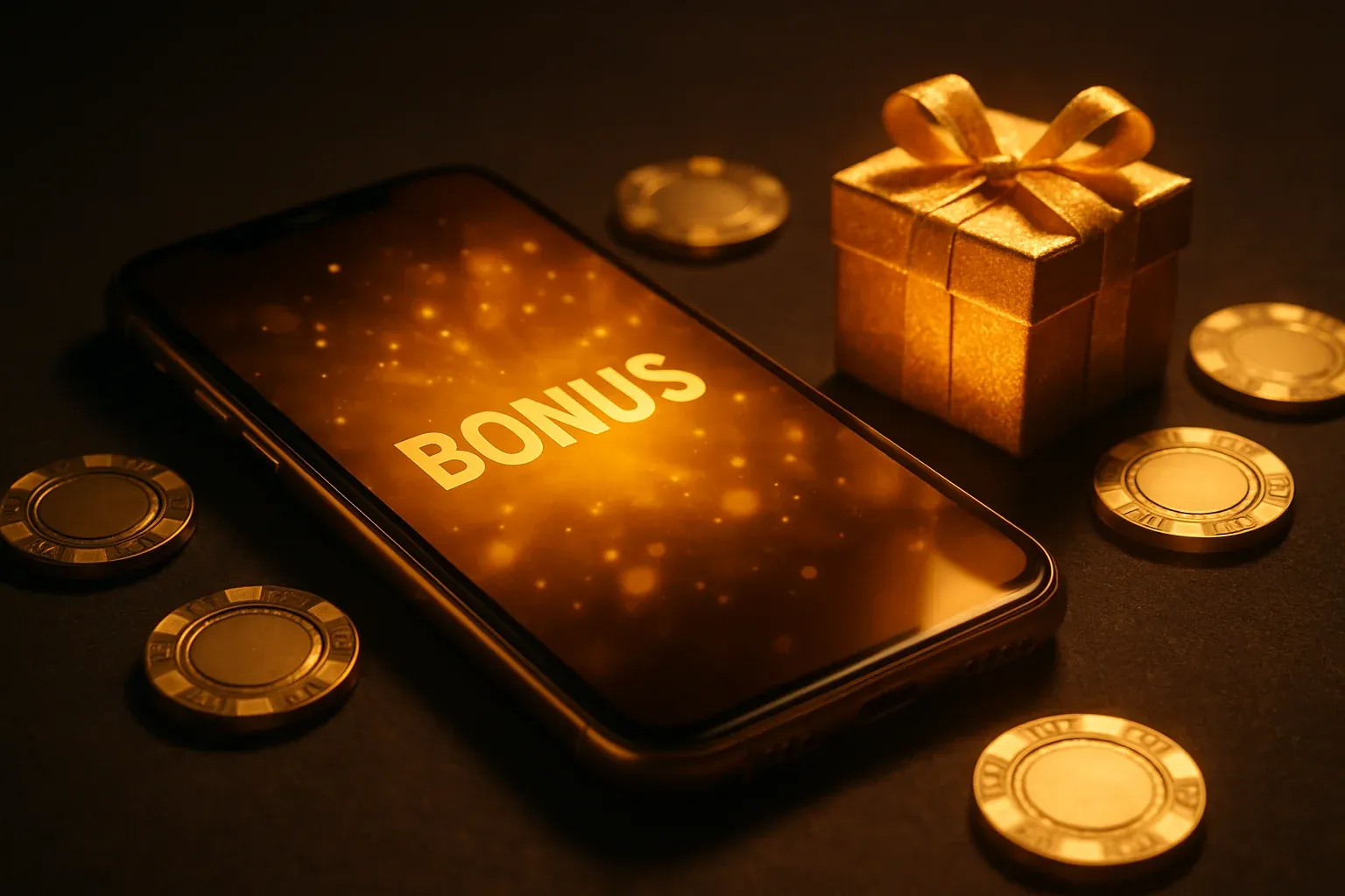 Sleek smartphone showing golden bonus interface with casino chips and gift box