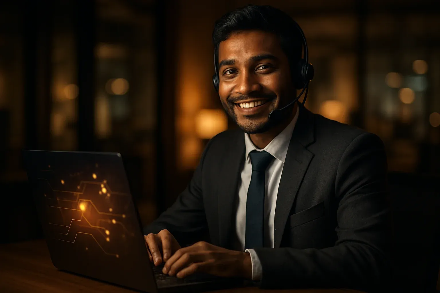 Smiling Bangladeshi customer service representative at desk with laptop in warm office