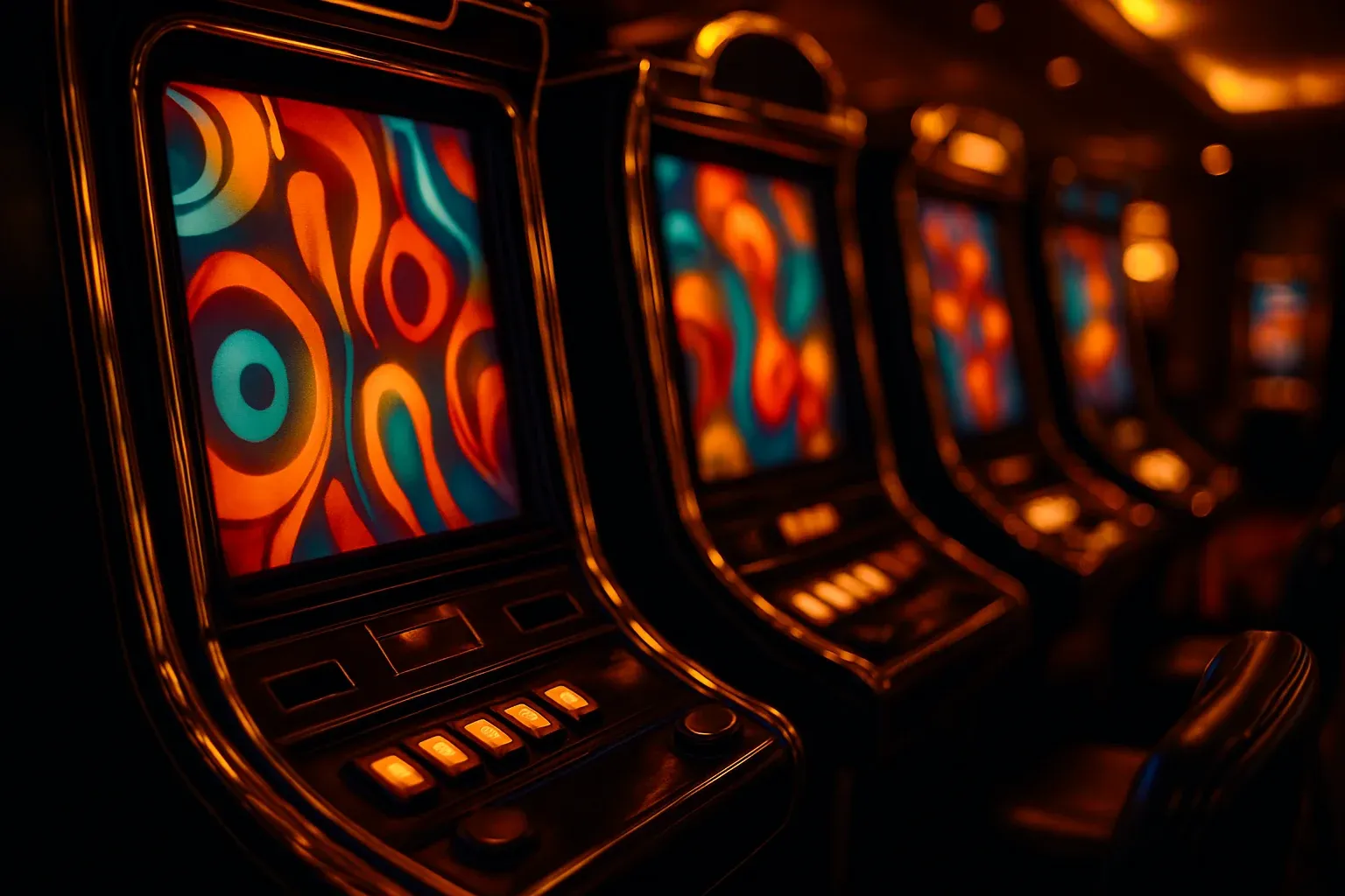 Colorful slot machine screens glowing in a dark neon casino lounge