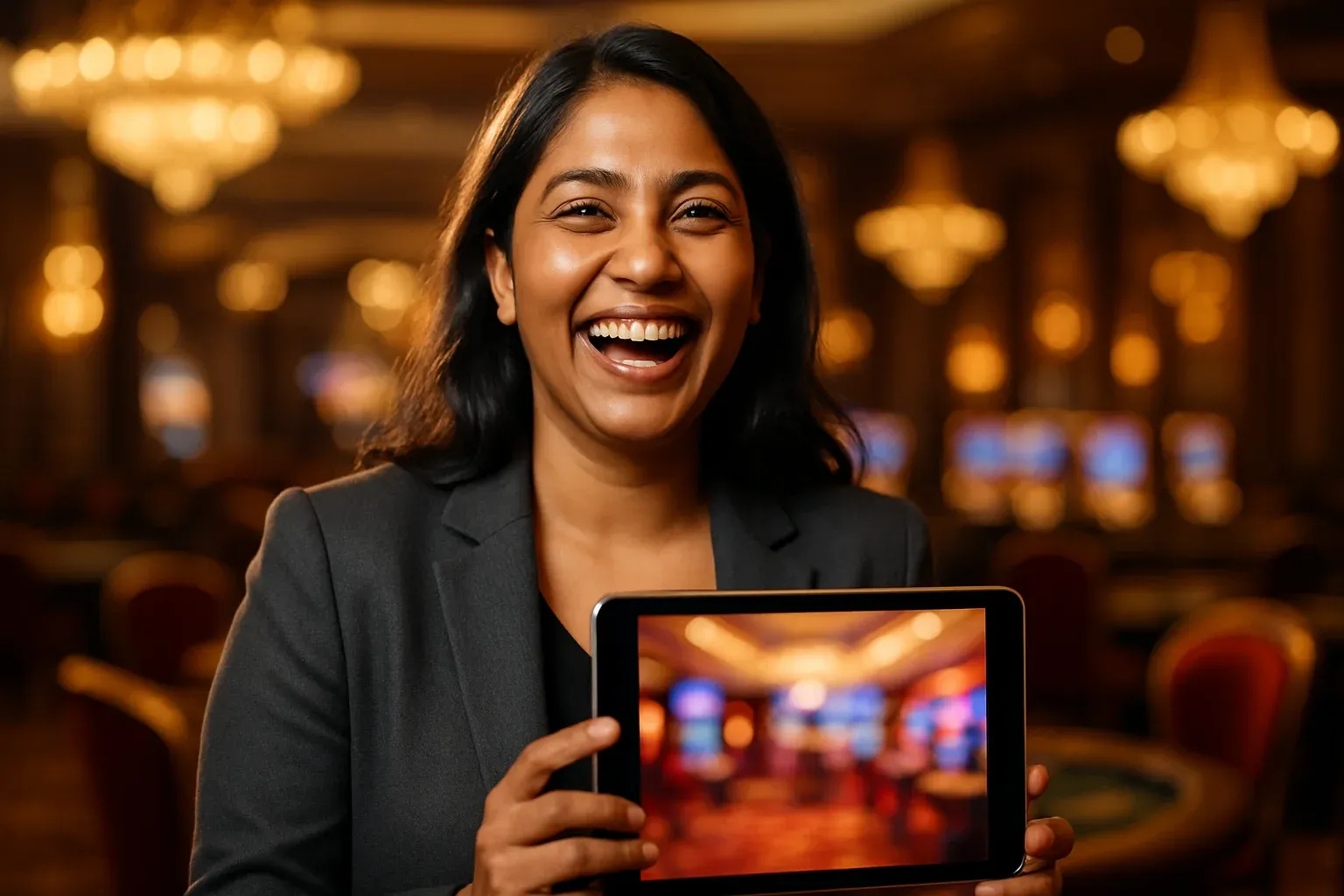 Happy Bangladeshi woman in blazer holding tablet with blurred casino lobby screen