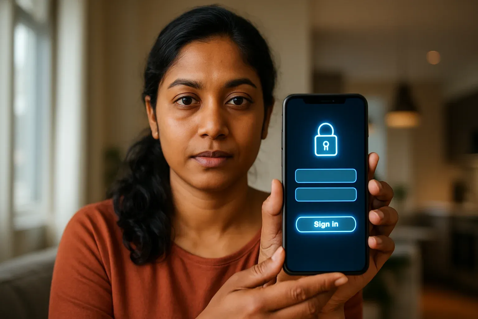 Bangladeshi woman holding smartphone showing stylized login screen in apartment