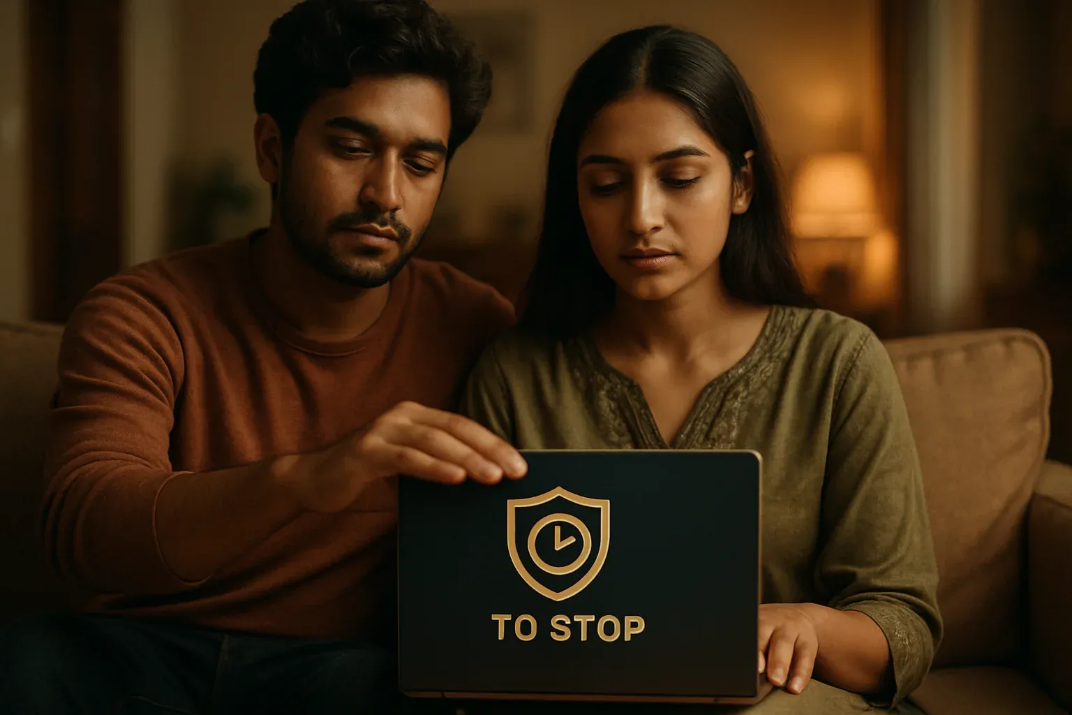 Young Bangladeshi couple calmly closing laptop with time-to-stop icon at home