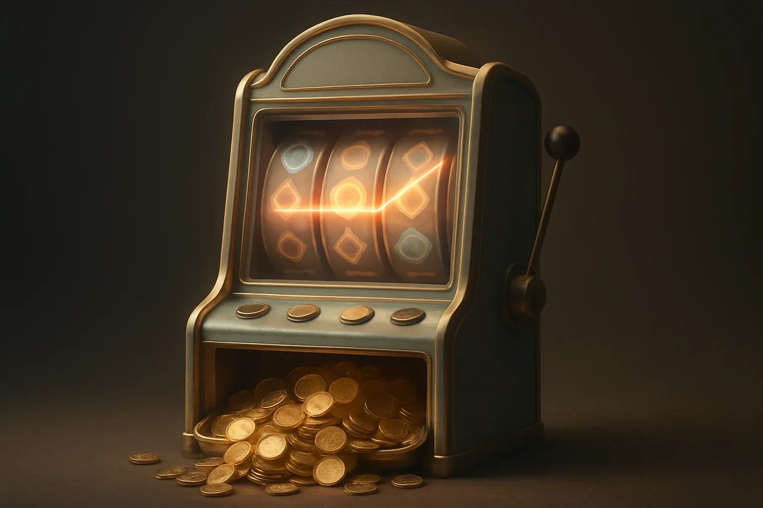 Ultra-realistic ornate slot machine with spinning reels and golden coins spilling
